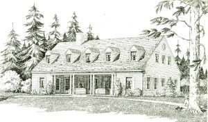 Rendering of the Scout Barracks by architect G.R. Page, of the Civilian Conservation Corp, U.S. Interior Department. 