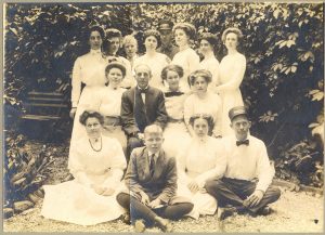 The New Mackinac Hotel staff in about 1906. The man in the center row, third from left, may be owner Fred Emerick. Martha Elliott Fitzgerald is in the center of the back row.