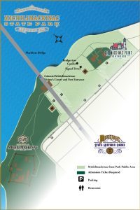 A map of Michilimackinac State Park, showing Old Mackinac Point Lighthouse on the top right side of the map and Colonial Michilimackinac on the bottom left of the map.