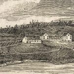 A black and white pencil sketch of various buildings along a hillside on the water.