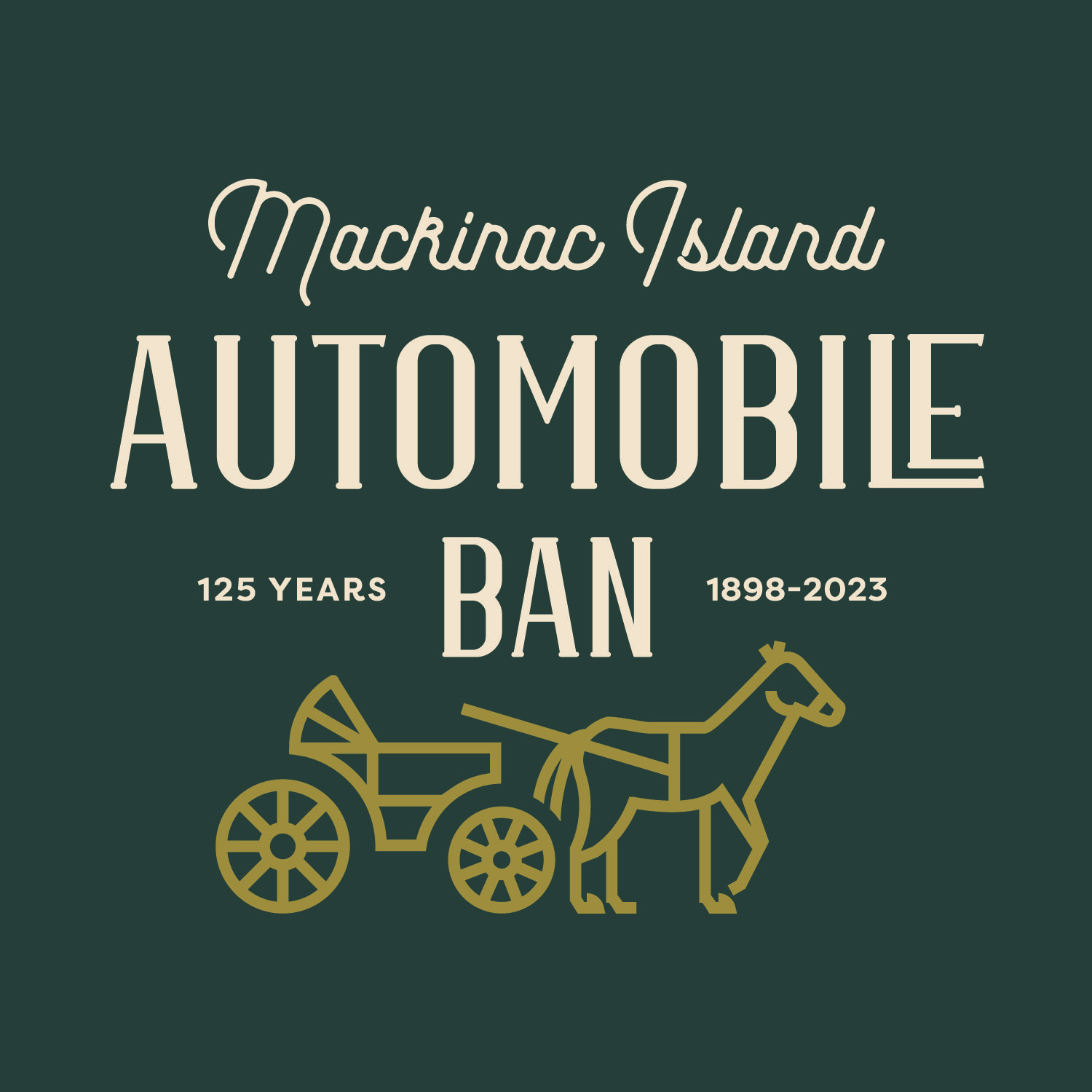 A logo for the Mackinac Island Automobile Ban in green and gold.