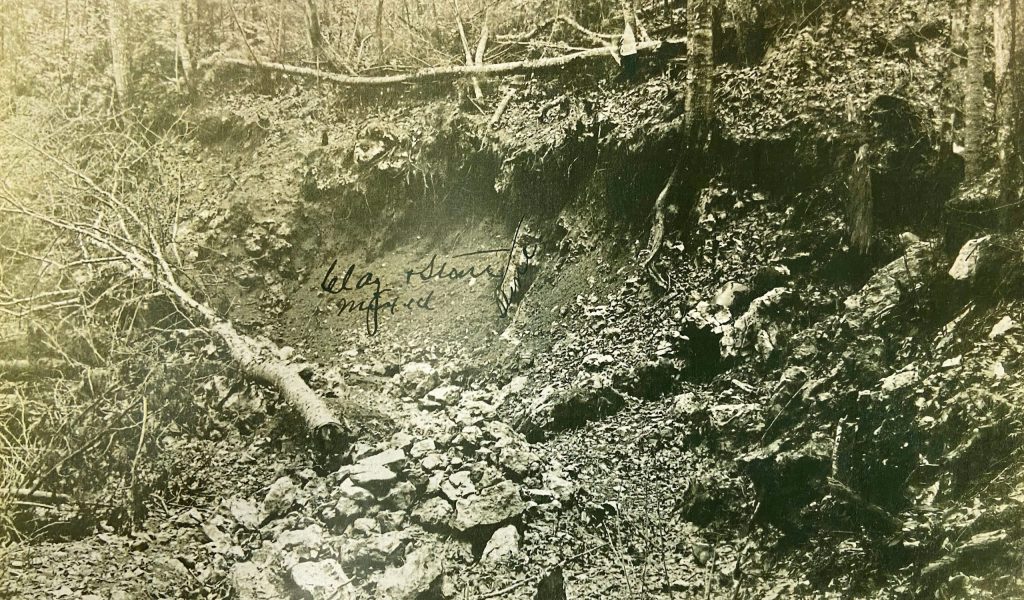 Rock bluff at the Durrell or Mill Creek Quarry, circa 1915