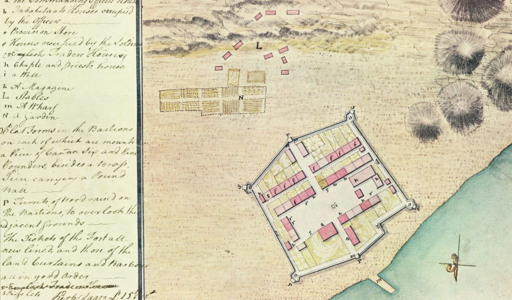 The Magra map of 1765 presents a clear view of the small, old wharf inherited by the British when they took control of Michilimackinac. It was probably repaired in 1766. William L. Clements Library, University of Michigan