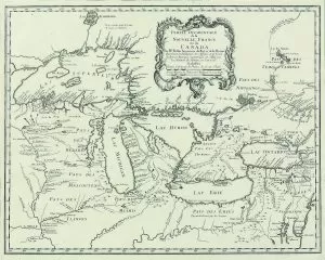 This French map from 1745 includes the settlement at Michilimackinac as well as one at the base of Green Bay. The French called the bay "les baie des puants," or bay of the stinks, perhaps because of the smell from nearby swamps. 